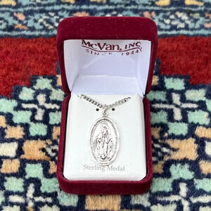 Sterling Silver Immaculate Mother Mary Large Oval Religious Medal Necklace Chain